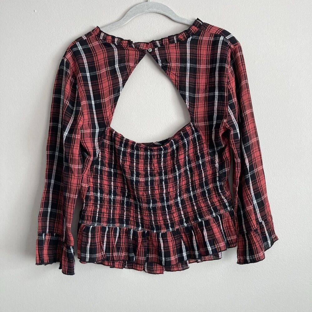 Free People Nicole Smocked Plaid Top Red Black Cropped Open Back Size Medium - Picture 7 of 11